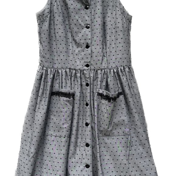 Vintage Dotted Dress with pockets & black pleated trim ~ Gray & Black - Picture 3 of 11